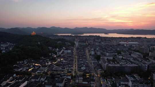 杭州西湖河坊街夜幕降临晚霞日落夜景灯光