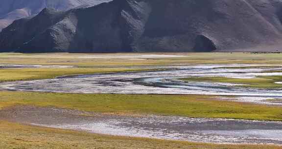 航拍西藏阿里班公湖绿草如茵