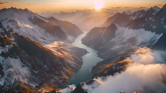 雪山湖泊日出全景