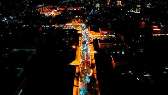 航拍张掖市夜景 夜市 人潮拥挤 逛街