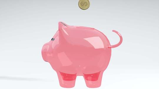 硬币掉进粉红色玻璃存钱罐——财富、节俭和有效投资的象征