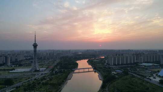 航拍周口日落周口沙颍河风景区