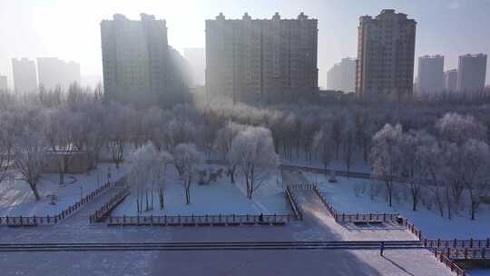 中国辽宁沈阳沈北新区蒲河冬天雾凇光线