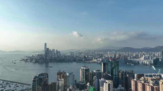 香港大景航拍维多利亚港太平山日落海湾风光