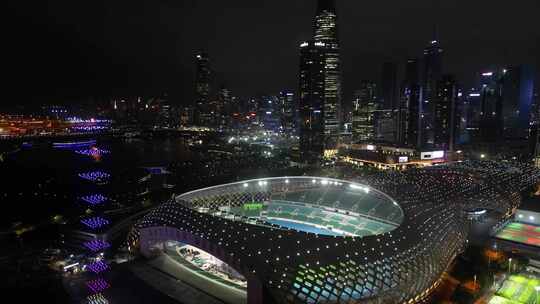 深圳湾体育中心春茧体育馆夜景航拍视频素材模板下载