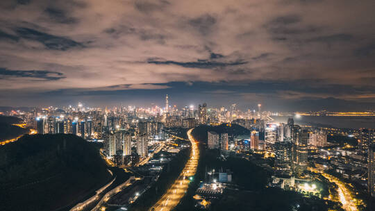 4k延时航拍深圳福田夜景车流天际线