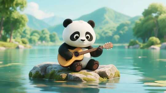 3D熊猫水边弹吉他场景