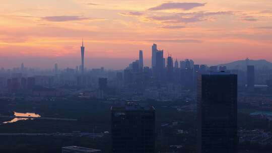 中国广东广州生物岛日落夜景航拍