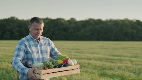 一个农民抱着一箱新鲜蔬菜走在田地里