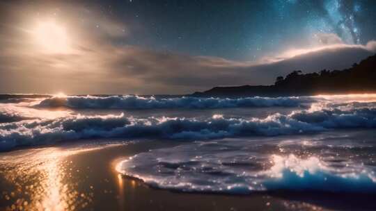 海边月夜海浪全景