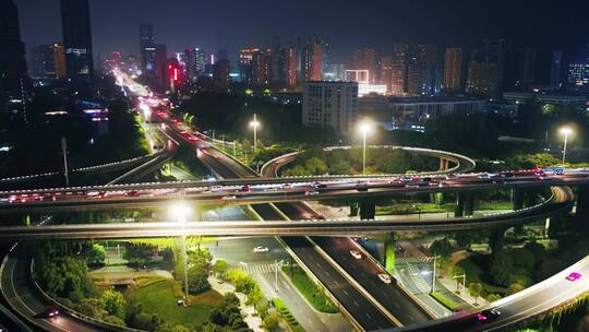 航拍夜晚杭州滨江时代大道中兴立交夜景