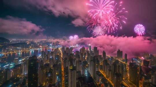 城市夜景烟花绽放全景