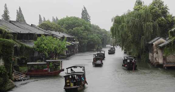 （慢镜）中国江南水乡千年古镇乌镇下雨天