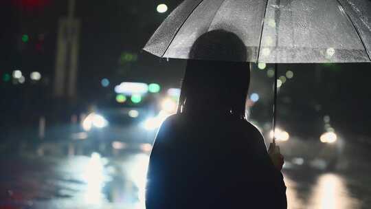 下雨的夜晚街头撑伞的女孩视频素材模板下载
