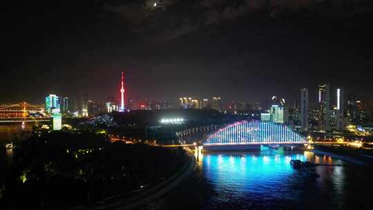 湖北武汉夜景武汉晴川桥夜景航拍