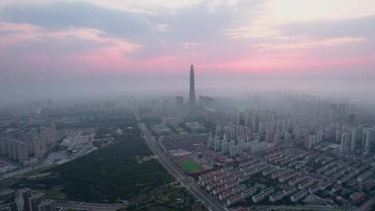 天津滨海于家堡金融中心日出城市建筑风光