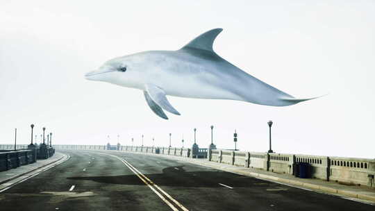 一只大白海豚正飞过一条路