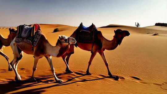 沙漠中行走的骆驼群