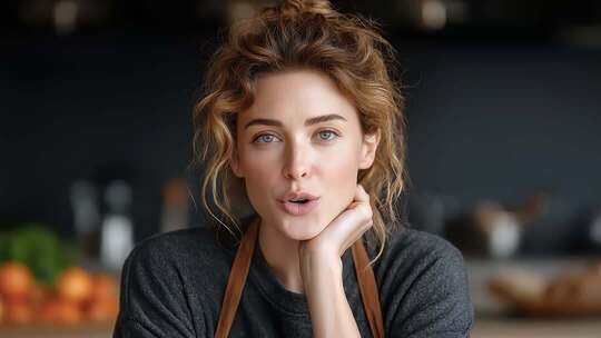 厨房里专注讲解的年轻女性