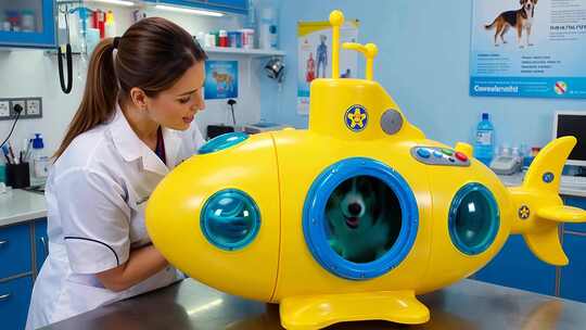 女兽医检查宠物狗医疗场景