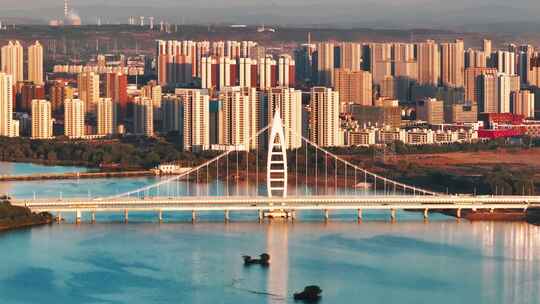 沈阳浑河高坎大桥日落航拍4K大气城市风景