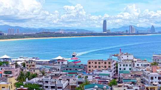 海南三亚海棠湾后海渔村航拍蔚蓝色海岸线
