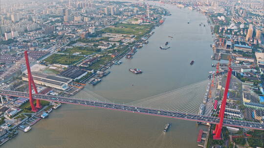 航拍上海杨浦大桥日落车流