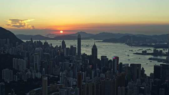 香港维多利亚港日落航拍大景