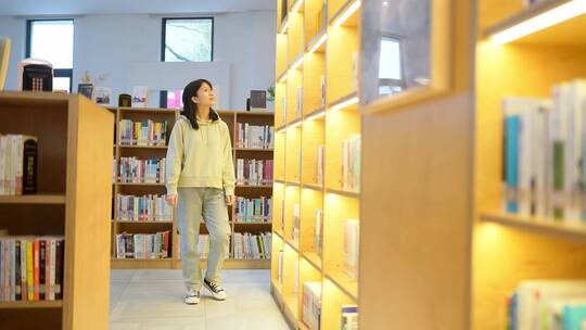 年轻女子图书馆书架前边走边查找书本视频素材模板下载
