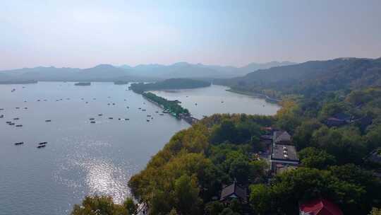 浙江杭州西湖景区断桥残雪风景风光航拍人流