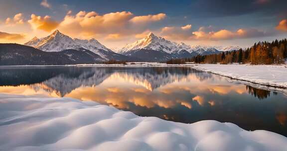 雪山湖泊冬日风景