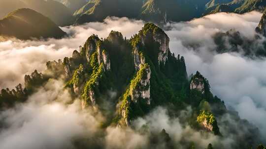 云雾缭绕的壮美山峰鸟瞰全景