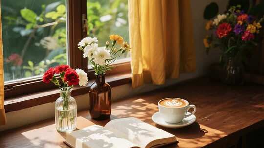 温馨咖啡馆花卉与咖啡展示