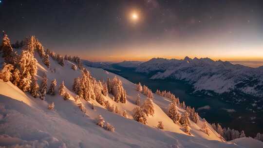 雪山月夜森林全景