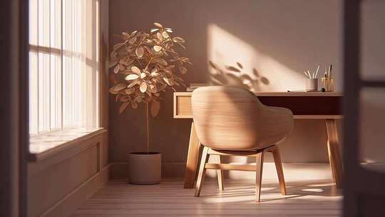 室内窗边桌椅绿植光影场景