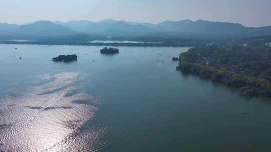 浙江杭州西湖景区大景全景游船船舶航拍风景