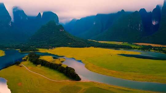 山间河流田野自然风光全景