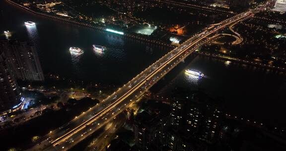 航拍广州大桥交通夜景