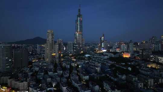 南京鼓楼区南京城市大景紫峰大厦夜景航拍