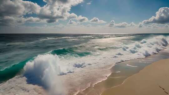海浪拍打沙滩全景