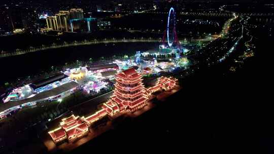 湖南省湘潭市万楼灯光秀夜景航拍4k