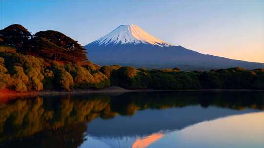 富士山美丽倒影的自然风光全景