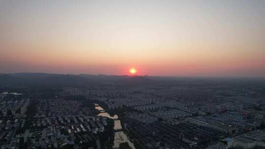 城市日落晚霞夕阳西下航拍