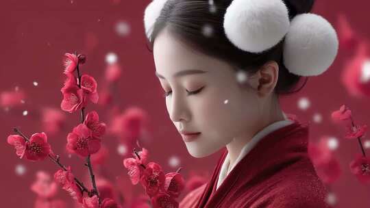 唐朝仕女红梅映雪古典唯美意境
