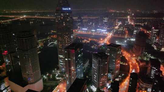 浙江绍兴市区市中心高楼大厦夜晚夜景航拍摩