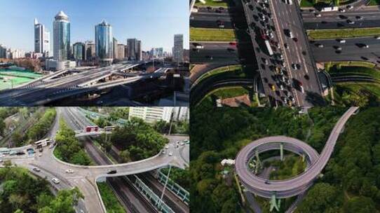 航拍城市高价立交桥的车流 视频合集