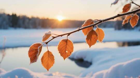 冬日雪景中带霜枯叶特写