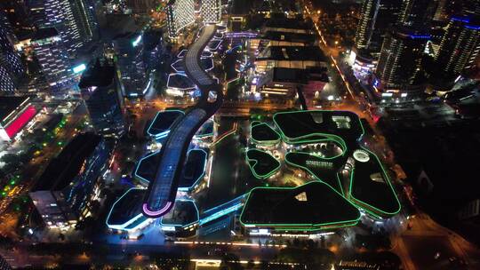 江苏苏州时代广场商业街夜景灯光航拍视频素材模板下载