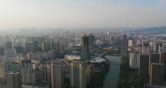 杭州拱墅区武林门大运河西湖广场晨曦航拍