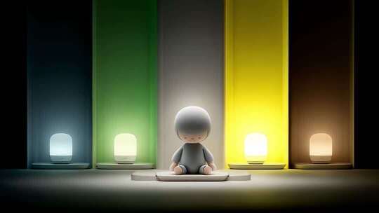 多彩灯光下的冥想小人温馨治愈